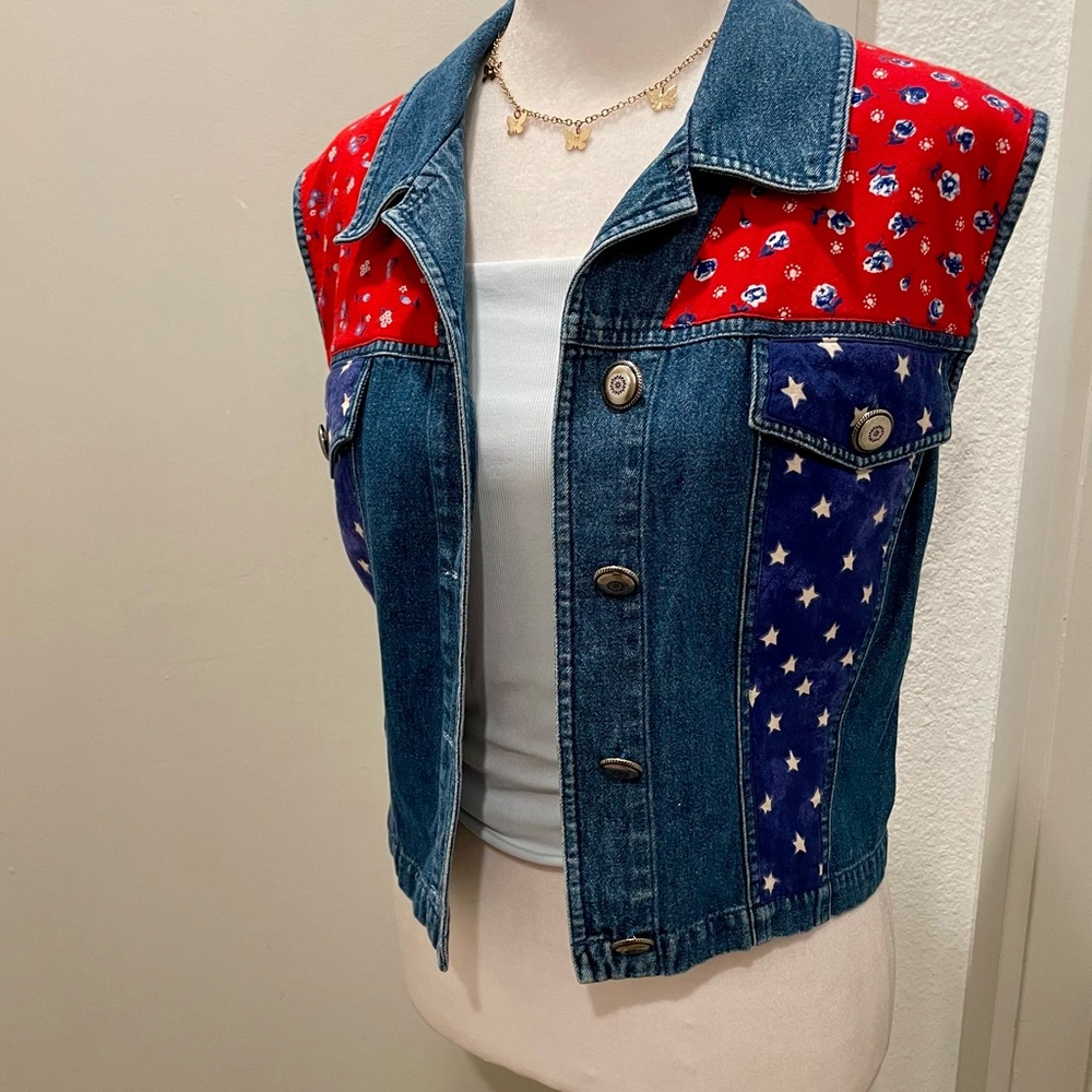 VTG 90s Stonebridge Petites Denim Blue Red Floral Star Print Sleeveless Vest PL